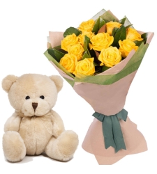 12 Yellow Color Roses with 8" Inch Bear