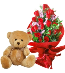 18 Red Color Roses with Small Bear