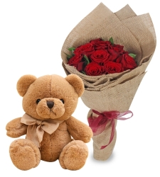 12 Red Roses Bouquet with Brown Bear