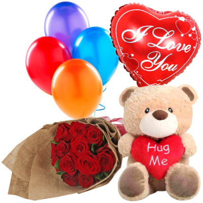 send 12 red roses bouquet with bear and balloon to davao