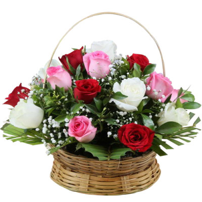 send 18 pcs. mixed color roses in basket to davao