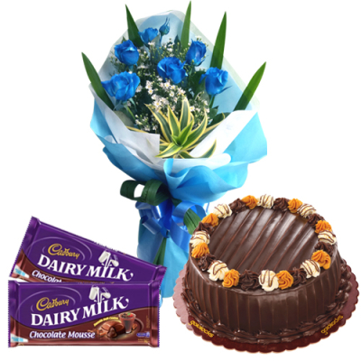 send 6 blue roses with cake and chocolate to davao