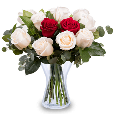 send 1 dozen red and white roses in vase to davao