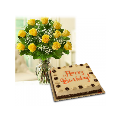 yellow rose vase with red ribbon mocha cake