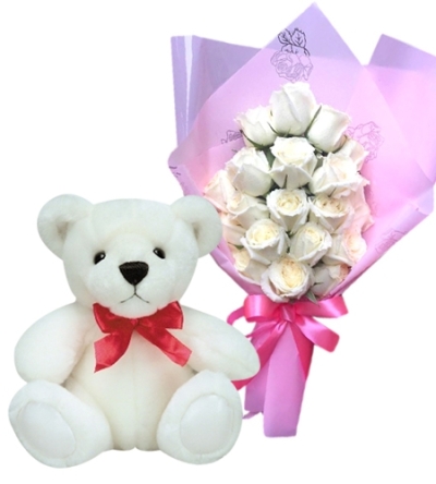 24 White Roses with 8" Inch Bear